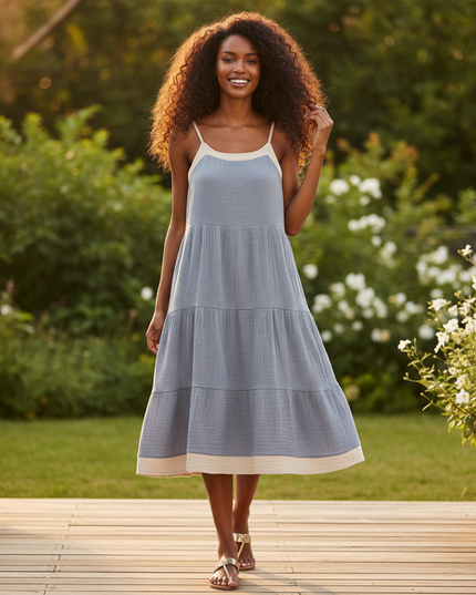 Kurzes Musselin Kleid Blau - Graublauer Tragerstil - Ansicht 1