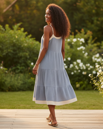Kurzes Musselin Kleid Blau - Graublauer Tragerstil - Ansicht 2