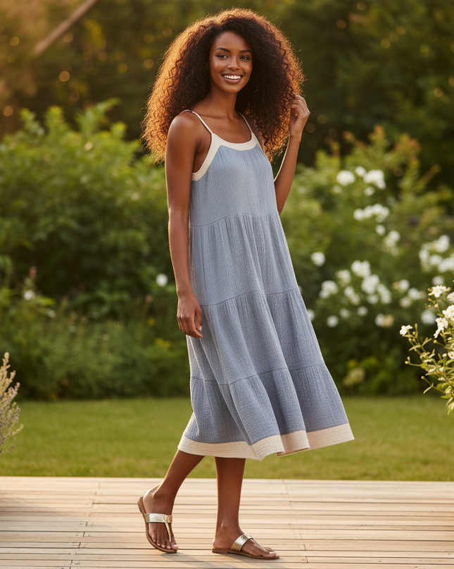 Kurzes Musselin Kleid Blau - Graublauer Tragerstil - Ansicht 3