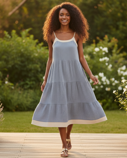 Kurzes Musselin Kleid Blau - Graublauer Tragerstil - Ansicht 5