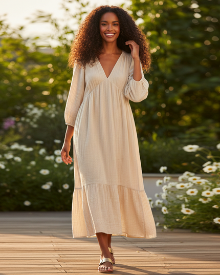 Kurzes Musselin Kleid Creme - Langarm mit Shirring - Ansicht 1