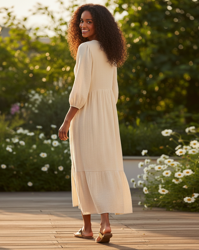 Kurzes Musselin Kleid Creme - Langarm mit Shirring - Ansicht 2
