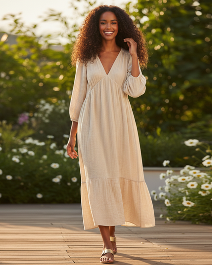 Kurzes Musselin Kleid Creme - Langarm mit Shirring - Ansicht 5