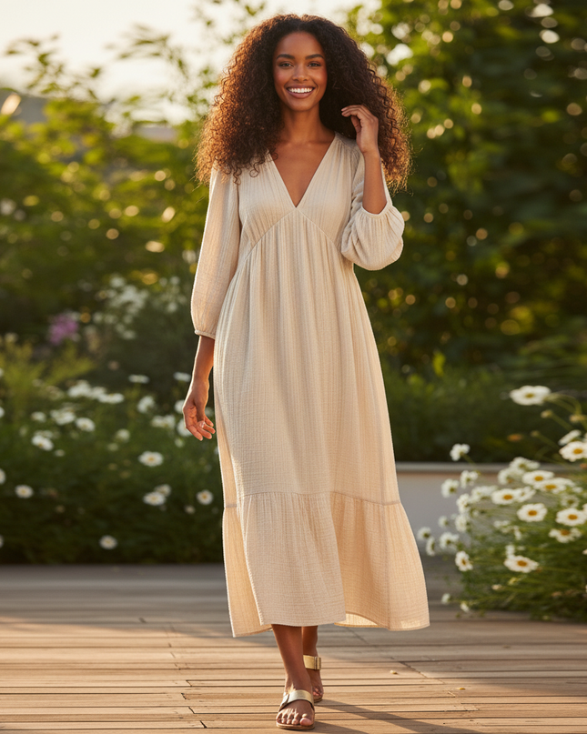Kurzes Musselin Kleid Creme - Langarm mit Shirring - Ansicht 5