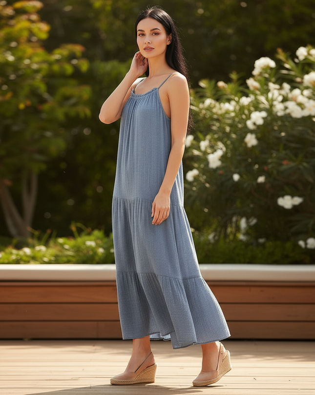 Langes Musselin Kleid Blau - Sommerkleid Baumwolle - Ansicht 3