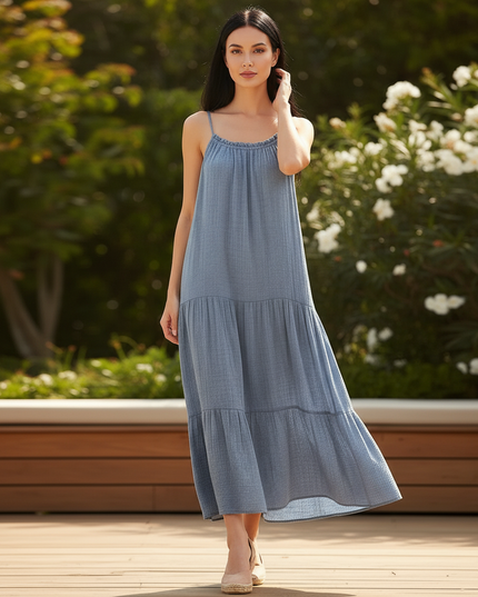 Langes Musselin Kleid Blau - Sommerkleid Baumwolle - Ansicht 5