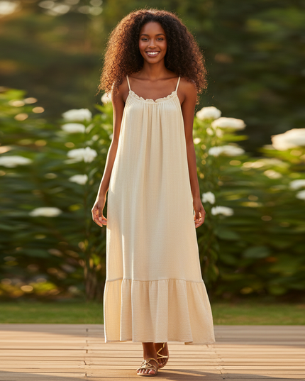 Langes Musselin Kleid Creme - Fliessend & Feminin - Ansicht 1