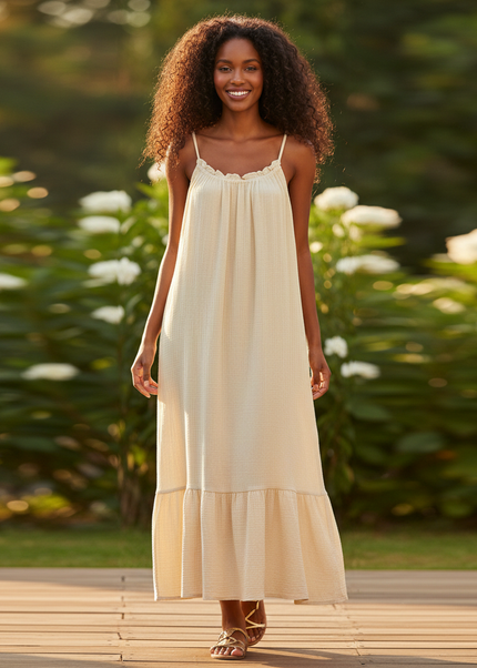 Langes Musselin Kleid Creme - Fliessend & Feminin - Ansicht 1