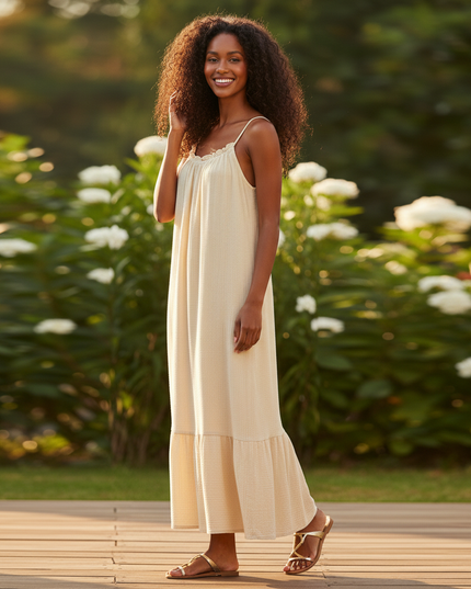 Langes Musselin Kleid Creme - Fliessend & Feminin - Ansicht 3