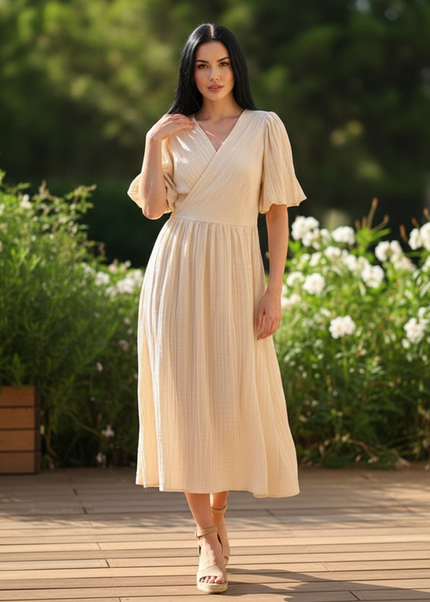Langes Musselin Kleid Creme - aus 100% Baumwolle - Ansicht 1