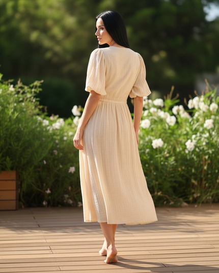 Langes Musselin Kleid Creme - aus 100% Baumwolle - Ansicht 2