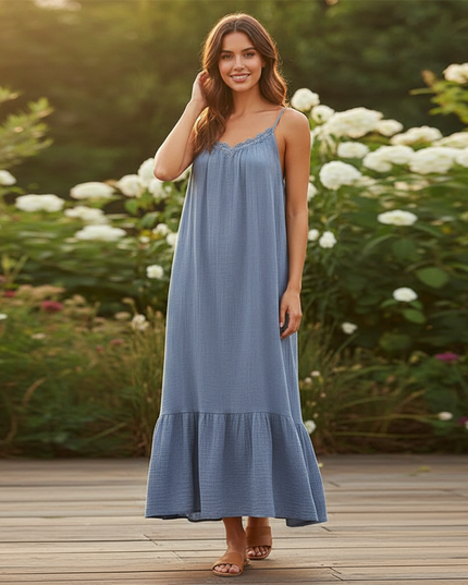 Langes Musselin Kleid Dunkelblau - Ansicht 1