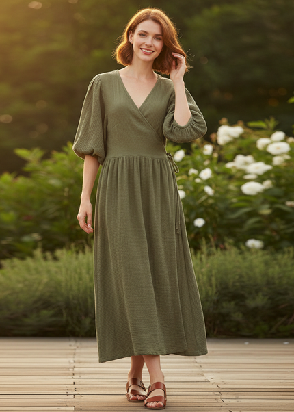 Langes Musselin Kleid Gruen 2 - Elegantes Maxikleid - Ansicht 1