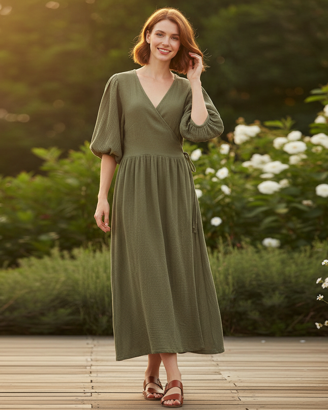 Langes Musselin Kleid Gruen 2 - Elegantes Maxikleid - Ansicht 1