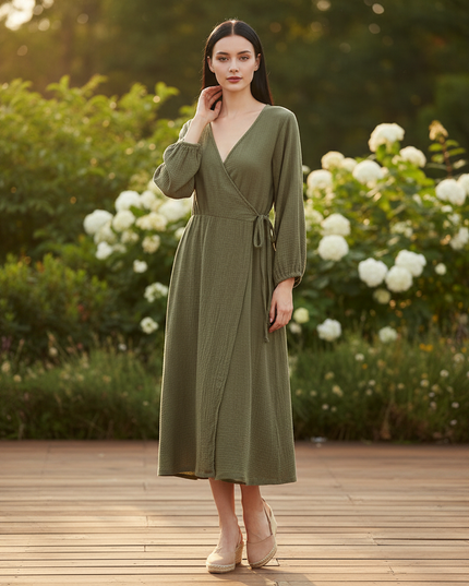 Langes Musselin Kleid Gruen - Weiches Baumwollkleid - Ansicht 1