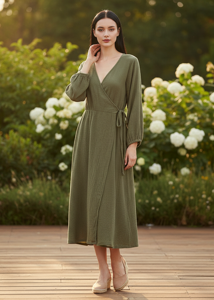 Langes Musselin Kleid Gruen - Weiches Baumwollkleid - Ansicht 1
