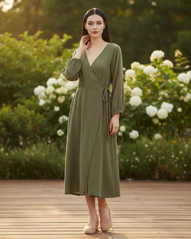 Langes Musselin Kleid Gruen - Weiches Baumwollkleid - Ansicht 1