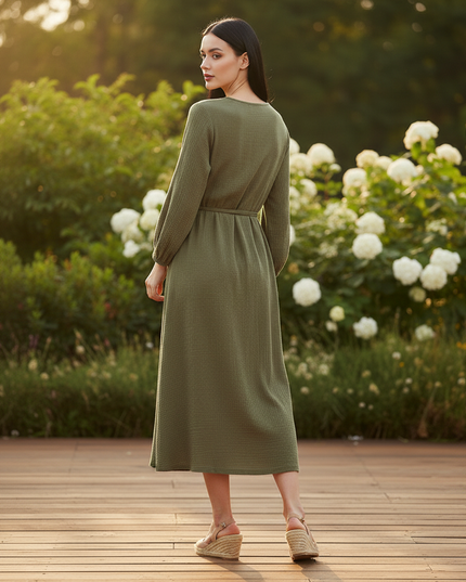 Langes Musselin Kleid Gruen - Weiches Baumwollkleid - Ansicht 2