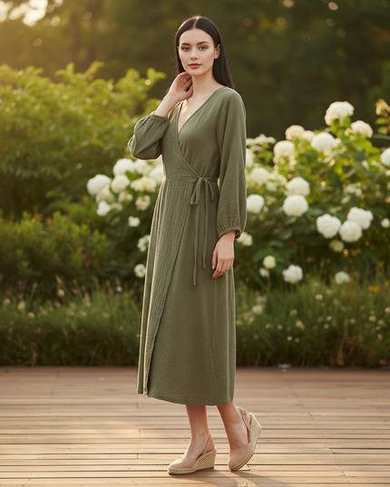 Langes Musselin Kleid Gruen - Weiches Baumwollkleid - Ansicht 3