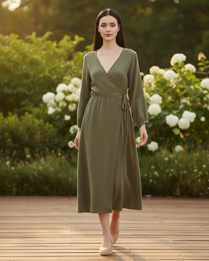 Langes Musselin Kleid Gruen - Weiches Baumwollkleid - Ansicht 5