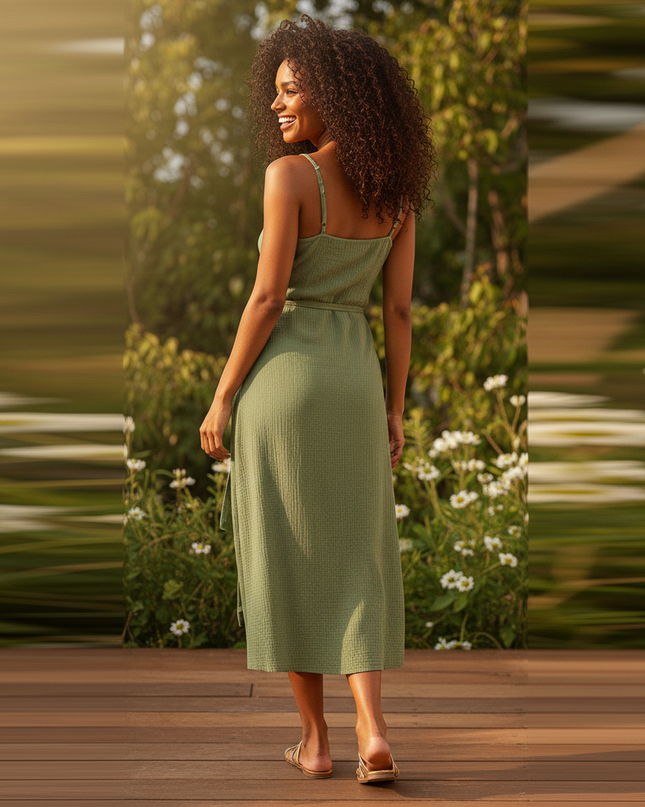 Langes Musselin Kleid Khaki - Weiches Baumwollkleid - Ansicht 2