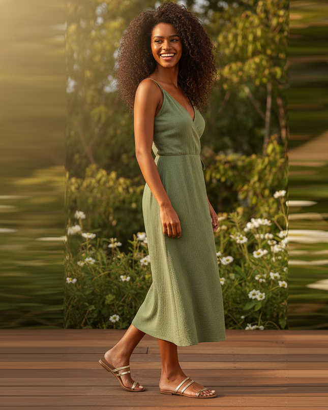 Langes Musselin Kleid Khaki - Weiches Baumwollkleid - Ansicht 3