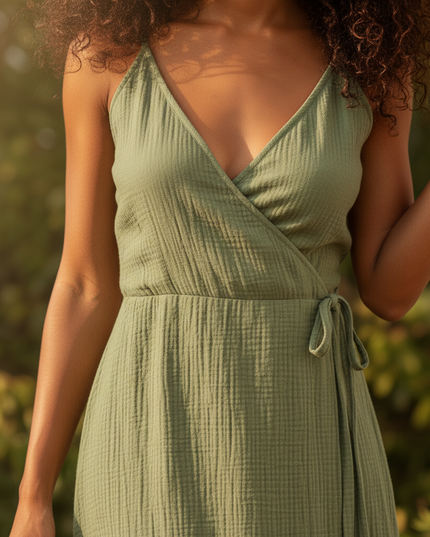 Langes Musselin Kleid Khaki - Weiches Baumwollkleid - Ansicht 4
