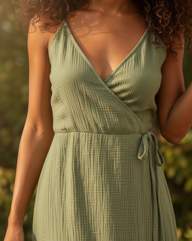 Langes Musselin Kleid Khaki - Weiches Baumwollkleid - Ansicht 4