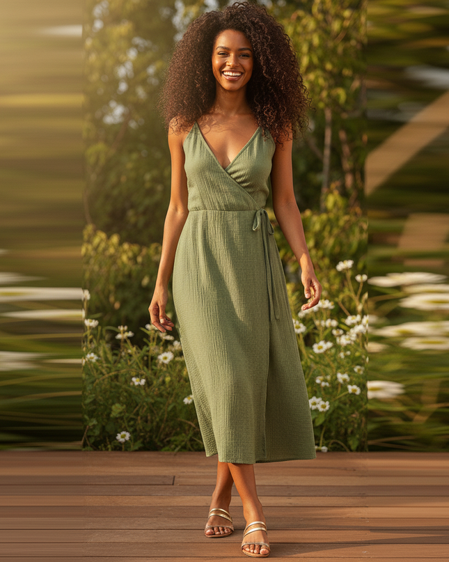 Langes Musselin Kleid Khaki - Weiches Baumwollkleid - Ansicht 5