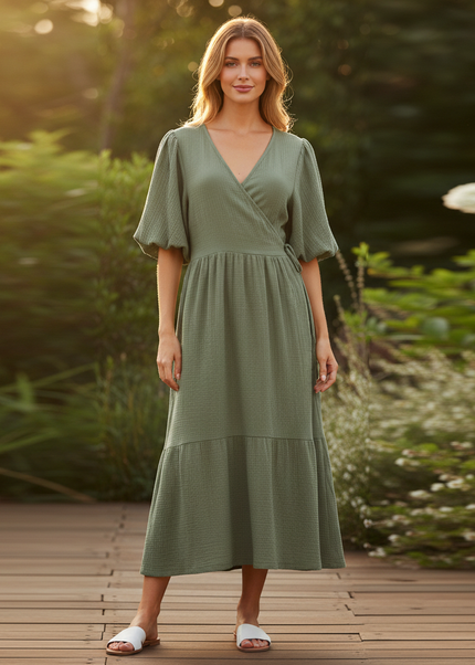 Langes Musselin Kleid Olivgruen 2 - Ansicht 1
