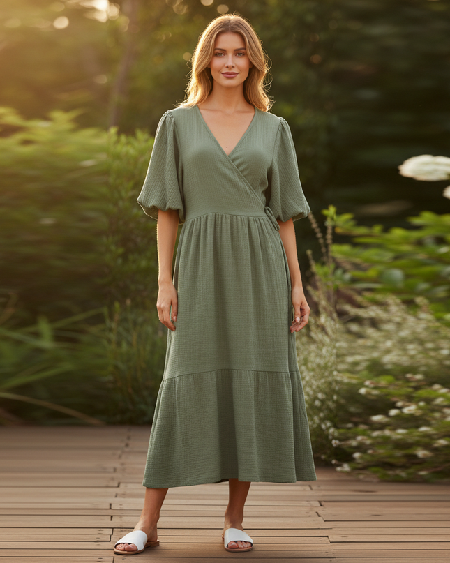 Langes Musselin Kleid Olivgruen 2 - Ansicht 1