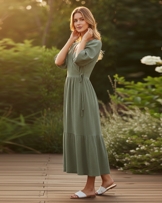 Langes Musselin Kleid Olivgruen 2 - Ansicht 3