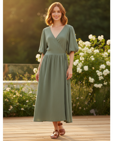 Langes Musselin Kleid Olivgruen 3 - Ansicht 1