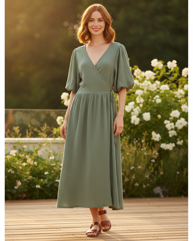 Langes Musselin Kleid Olivgruen 3 - Ansicht 1