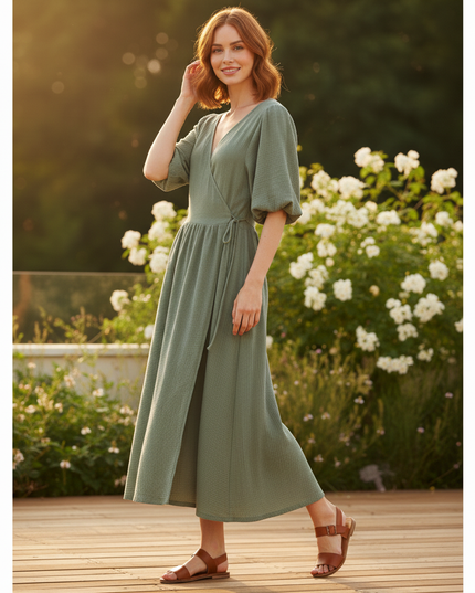 Langes Musselin Kleid Olivgruen 3 - Ansicht 3