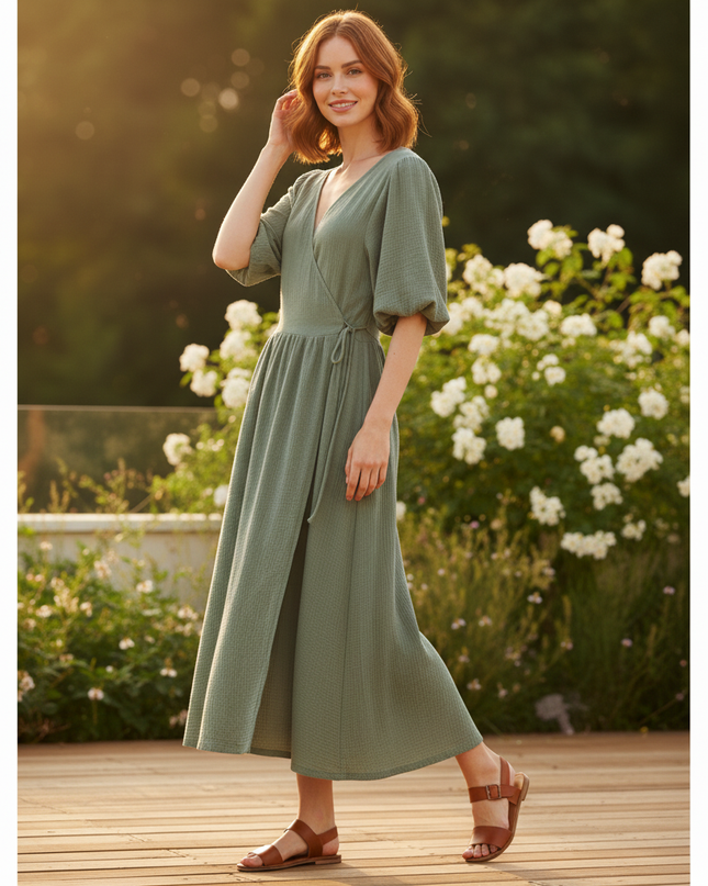 Langes Musselin Kleid Olivgruen 3 - Ansicht 3