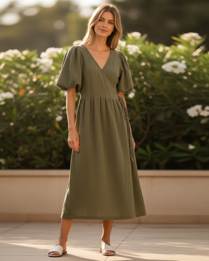 Langes Musselin Kleid Olivgruen - Ansicht 1