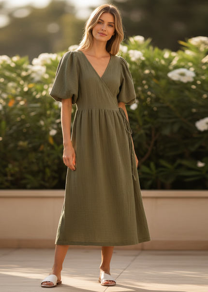 Langes Musselin Kleid Olivgruen - Ansicht 1