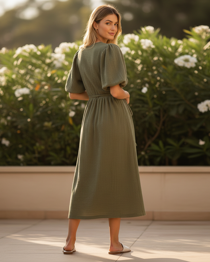 Langes Musselin Kleid Olivgruen - Ansicht 2