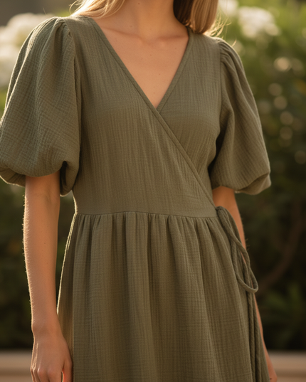 Langes Musselin Kleid Olivgruen - Ansicht 4