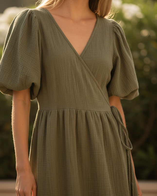 Langes Musselin Kleid Olivgruen - Ansicht 4