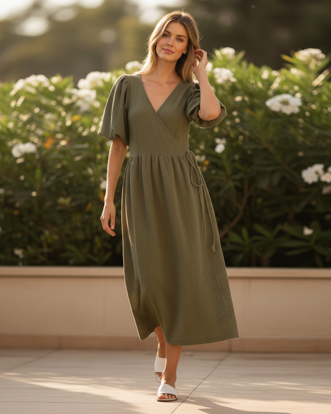 Langes Musselin Kleid Olivgruen - Ansicht 5