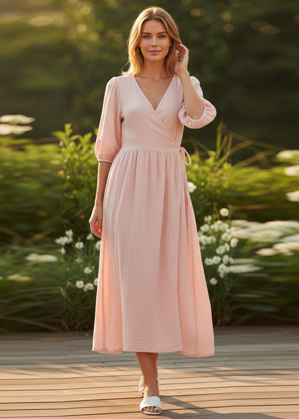 Langes Musselin Kleid Rosa - Sommerkleid Baumwolle - Ansicht 1
