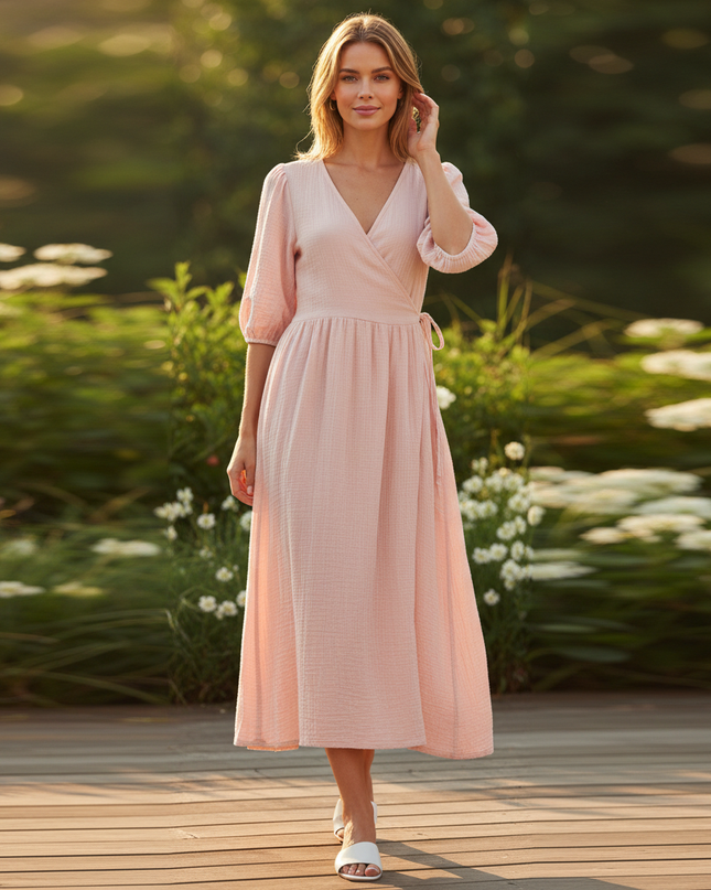 Langes Musselin Kleid Rosa - Sommerkleid Baumwolle - Ansicht 1