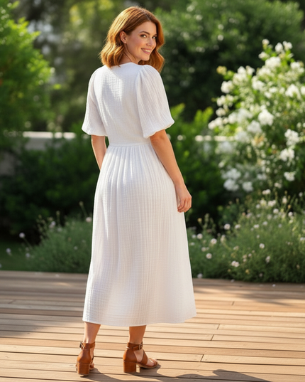 Langes Musselin Kleid Weiss - Elegantes Sommerkleid - Ansicht 2