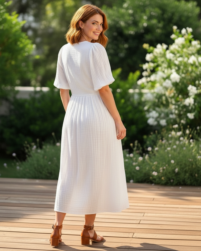 Langes Musselin Kleid Weiss - Elegantes Sommerkleid - Ansicht 2