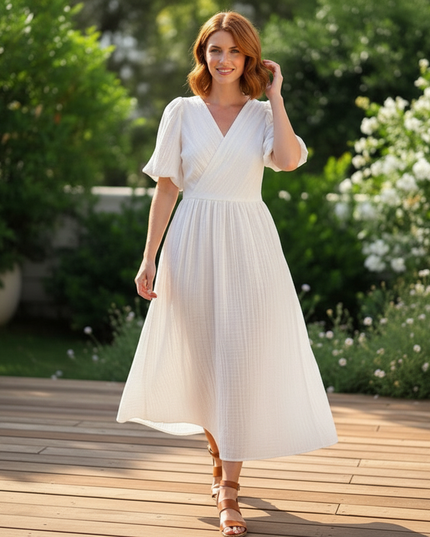 Langes Musselin Kleid Weiss - Elegantes Sommerkleid - Ansicht 5
