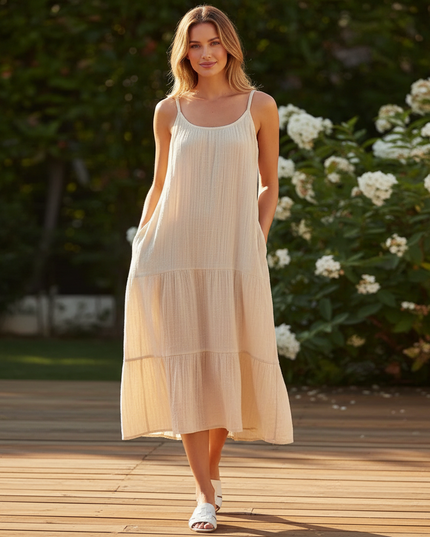 Musselin Kleid Aermellos - Leichtes Beige Sommerkleid - Ansicht 1