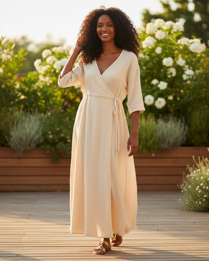 Musselin Kleid Apricot - Midi V-Ausschnitt Kurzarm - Ansicht 1
