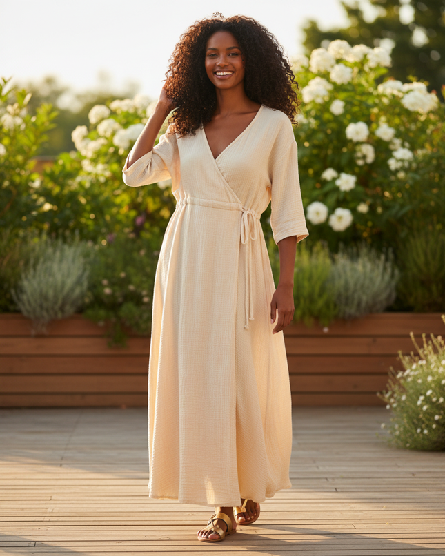 Musselin Kleid Apricot - Midi V-Ausschnitt Kurzarm - Ansicht 1